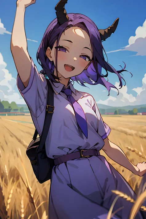 masterpiece,best quality, 1girl, teen, cute face, purple hair, horns, outdoors, open mouth, looking at viewer, on back, smile, sky, pouch, day,blue sky, solo focus, wheat, collared shirt, :d, solo, cloud