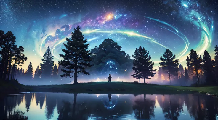 ​masterpiece、Background with((Fantastic starry sky、meteors、black hole))、Depth((Giant Tree、Fantastic、Luminescent、城市))、a beauty girl、onepiece、Rear view