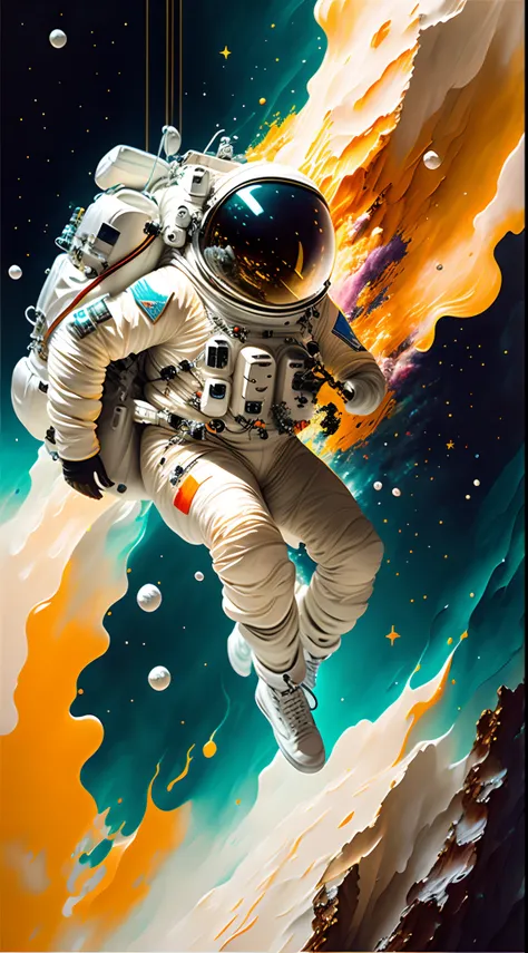 astronaut,  climbing the asteroid,  character render, ultra high quality model, ethereal background, abstract beauty, explosive volumetric, oil painting, heavy strokes, paint dripping