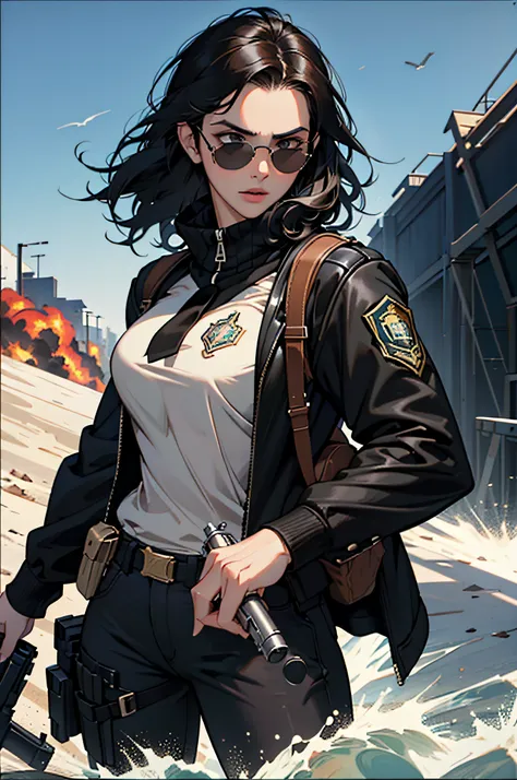 Movie Poster Commando Portuguese, Beautiful woman, Medium dark longhair, Sunglasses, Big gun in hand, Black clothes, rivet, explosions, Bolides, Planes, Just one body