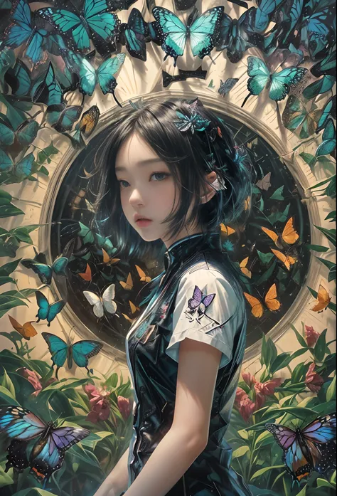 masterpiece, concept art, medium shot, centered, a girl standing in front of a wall of butterflys, insectarium, cyberpunk art, by Torii Kiyomasu, girl with black hair, james jean style, many eyes on head, official anime still, anime visual of a young girl,...