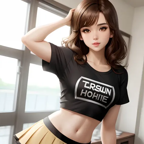 Hot, brown hair, brown eyes, anime, crop top shirt, skirt