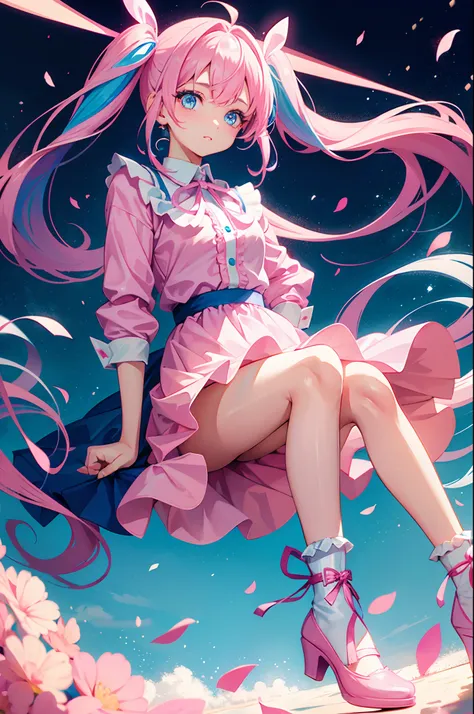 1 girl,pink and blue eyes,blue hair with pink highlights (big twin tails), wearing a shirt with a ribbon,a pink jacket,pink tutu skirt,big white boot with heels,neon color background