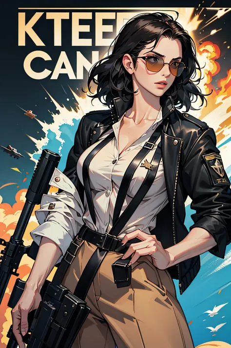 Movie Poster Commando Portuguese, Beautiful woman, Medium dark longhair, Sunglasses, Big gun in hand, Black clothes, rivet, explosions, Bolides, Planes, Just one body