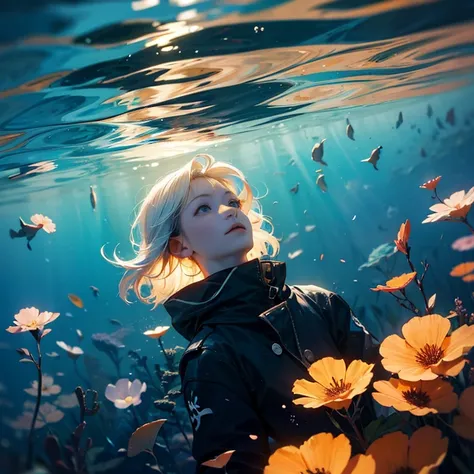 Dark underwater、Looking up at the surface of the sea flooded with light、One-person viewpoint、Petals flutter、