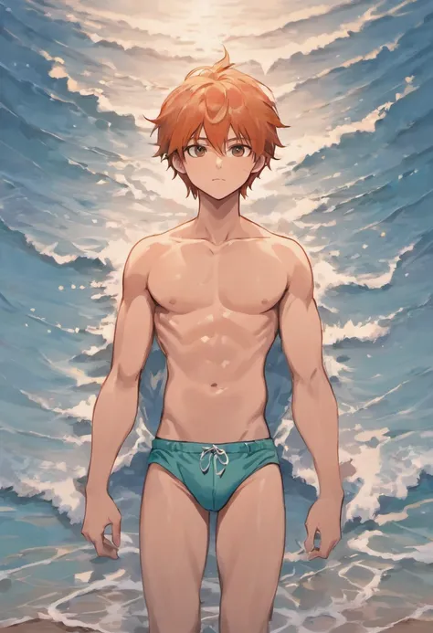 there is a man that is standing on the beach with a surfboard, shirtless :: high detail, anime handsome man, beautiful handsome body, shirtless, handsome stunning realistic, prefect body, handsome male, attractive male, realistic shaded perfect body, perfe...