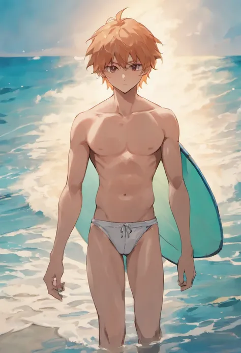 there is a man that is standing on the beach with a surfboard, shirtless :: high detail, anime handsome man, beautiful handsome body, shirtless, handsome stunning realistic, prefect body, handsome male, attractive male, realistic shaded perfect body, perfe...