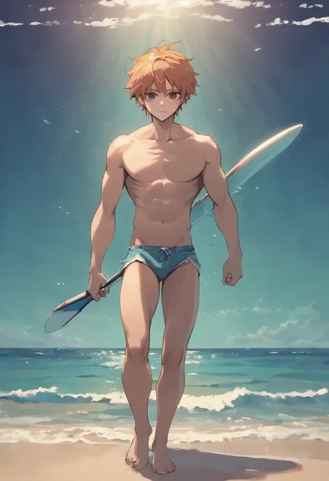 there is a man that is standing on the beach with a surfboard, shirtless :: high detail, anime handsome man, beautiful handsome body, shirtless, handsome stunning realistic, prefect body, handsome male, attractive male, realistic shaded perfect body, perfe...