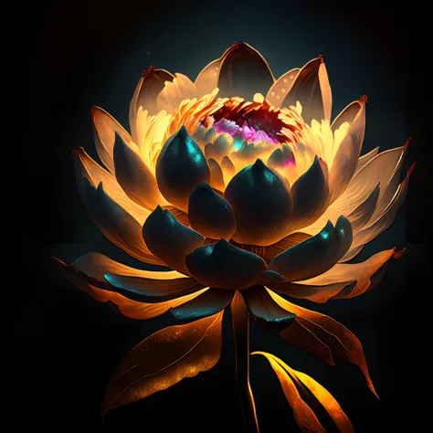 Peony flower, super transparent, holy light, beautiful spectrum light, petals glowing, shimmering, dark background, transparent light drops, reflected light, bright, light streaming in, optical, portrait silhouette, sharp focus, magical, intricate, hyper-r...