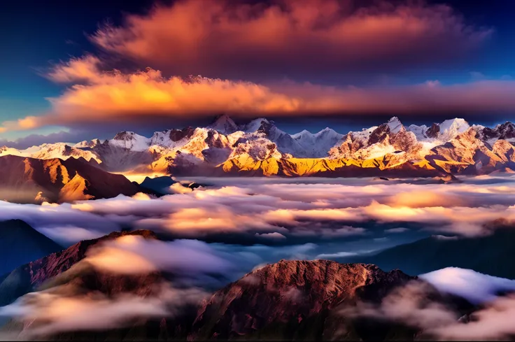 RAW,8k,uhd,hdr,High-quality landscape photography，A masterpiece of international photography masters，International photographic international works，Light colors，a view of a mountain range with a few clouds in the foreground, breathtaking himalayan landscap...