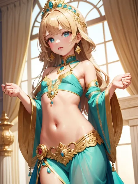 girl child, tmasterpiece，Highest image quality，Beautiful bust of a royal child，flat chest, Delicate blonde hairstyle，Turquoise eyes，Decorated with dazzling intricate jewelry，super detailing，upscaled。pelvic curtain,