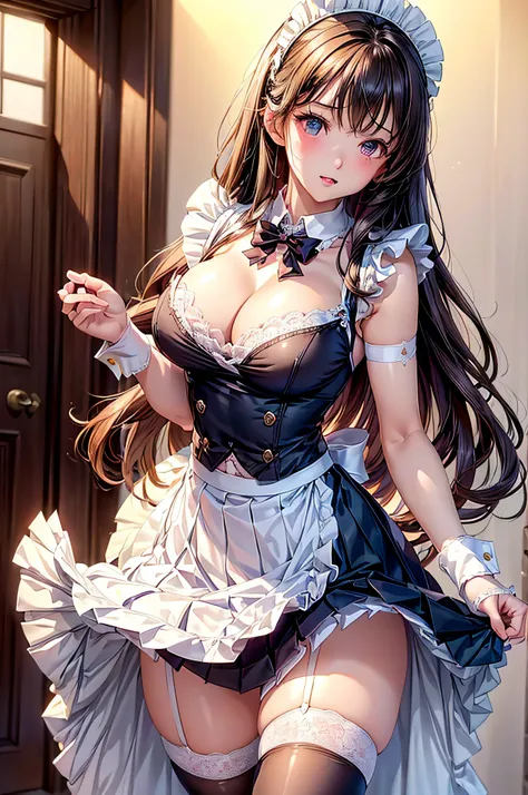 (1girl in), Long Wave Hair、dark brown hair, Amazing face and eyes,(natural make up)、(Brown eyes), medium large breasts、(High school uniform with wide open chest:1.1)、bared  chest, (amazingly beautiful girl), Styryshka Chusha、Ruffle style costumes, (Maid Ca...