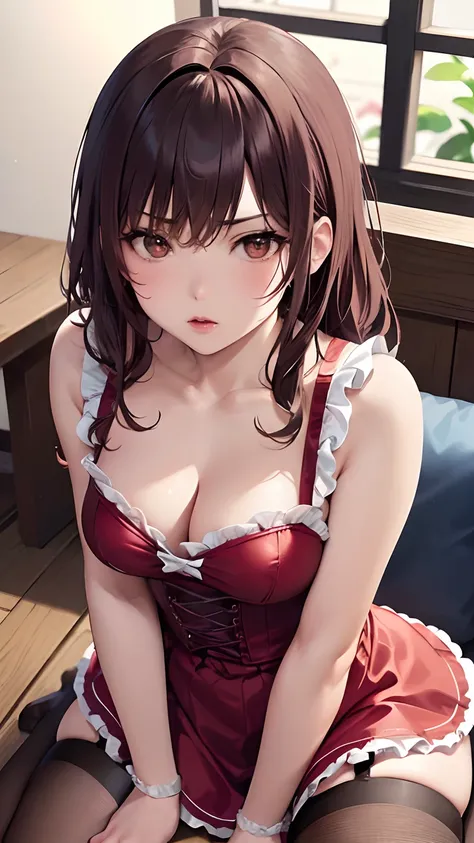 (( BDSM Red Maid Outfit,corsets,red apron)),Cute girls in Japan anime,Re:Life in another world starting from scratch,ram,Blonde with short curls,Big breasts that emphasize cleavage:2.0,Thin leg,Brown eyes,Elaborate limb representation,a small nose,Have a p...