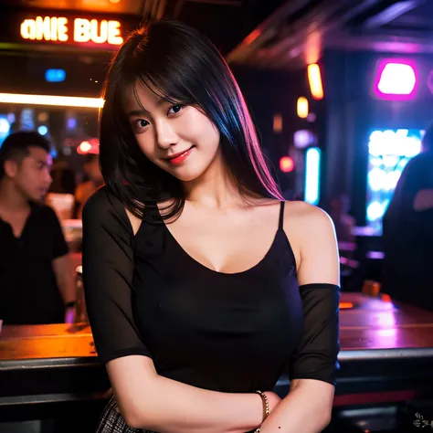 candid photo, 20-year-old, large breasts, skirt, blouse, night club scene, leaning, small smirk