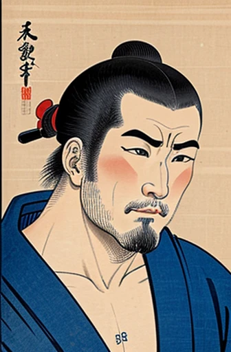 a ukiyo-e of man, in Hokusai Katsushika, front view, looking the camera, no background