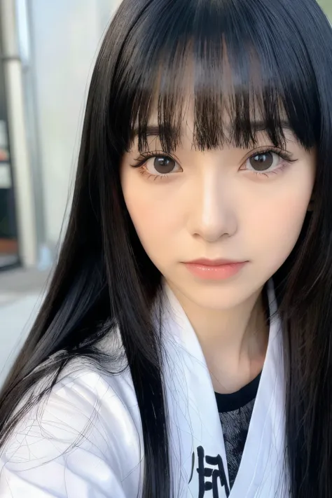 arafed woman with long black hair and bangs posing for a picture, black hair and large eyes, belle delphine, she has black hair with bangs, anime girl in real life, long dark hair with bangs, long black hair with bangs, with straight black hair, shikamimi,...