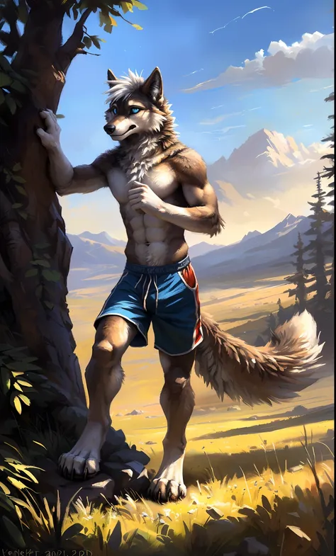 ((Solo)), male people, anthro wolf, (Multi-colored fur, White-brown:1.3，White tail pointed), (Height 2.1m,Tail length 1.2m), ((Wolf face, White hair, Big eyes, White eyelids, Blue pupil, Slim:1.2) (Tough, Calm expression:1.2)), Abs, Slim, pinging)), (Corre...