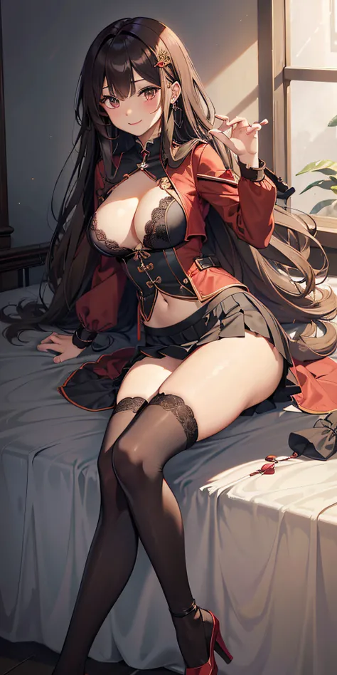 Adult Woman, Wizard Cosplay、long brown hair、waved hair、Brown Eye, lip stick, Smile, masutepiece, hiquality、Sexy lace panties、sexy  pose、medium large breasts、soft boob、Puffy nipple、Black pleated skirt、Red and black jacket、Black knee-high stockings、Sexy butt...