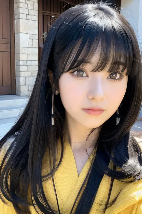 arafed woman with long black hair and bangs posing for a picture, black hair and large eyes, belle delphine, she has black hair with bangs, anime girl in real life, long dark hair with bangs, long black hair with bangs, with straight black hair, shikamimi,...