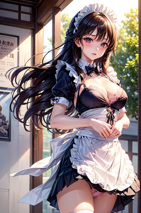 (1girl in), Long Wave Hair、dark brown hair, Amazing face and eyes,(natural make up)、(Brown eyes), medium large breasts、(High school uniform with wide open chest:1.1)、bared  chest, (amazingly beautiful girl), Styliška Chusha、Ruffle style costumes, (Maid Caf...