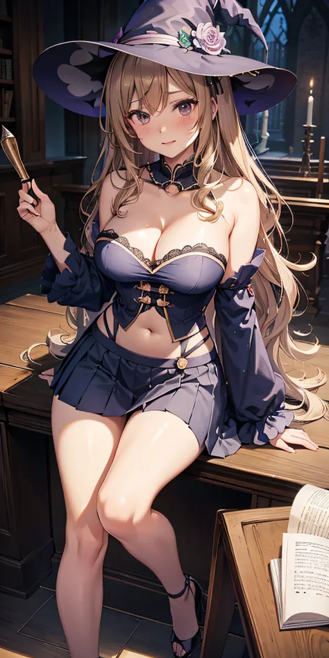 masutepiece, Best Quality,  the Extremely Detailed CG Unity 8K Wallpapers,  Sexy Witch Cosplay, long dark blonde wavy hair、off-shoulder knit, darkblue pleated skirt, Medium milk, hanging breasted, cleavage, Blushing, Shy laughter, Bare shoulders, (Leaning ...