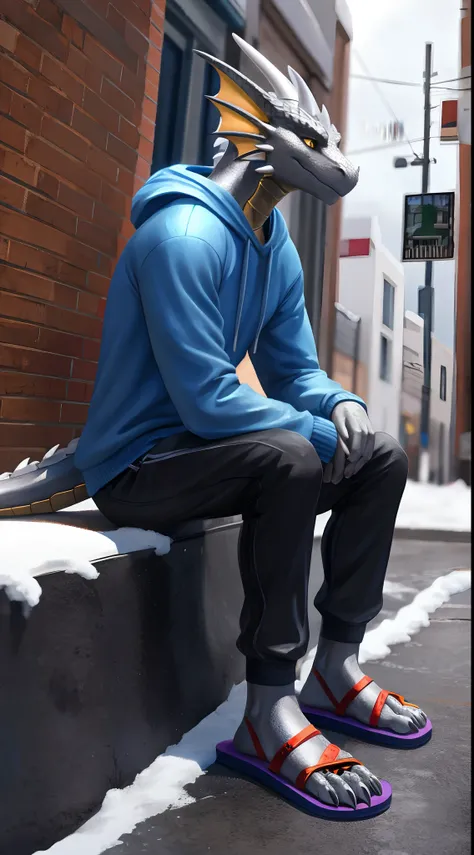 male dragon，Cyborg Dragon，Silver Dragon，He wears a blue sweatshirt and black shorts，Long sandals，Claw feet，battery，On the street，sitting on a curb，Snowy days，head fins，Detailed golden eyes，lifelike skin，Detail ratio，Slim，Sexy，The scales are truly textured，...