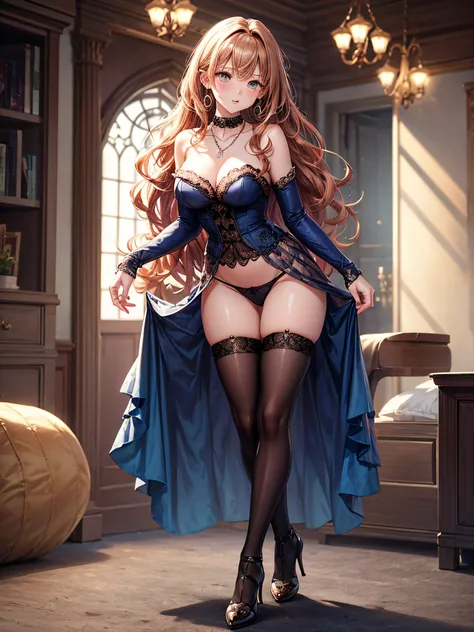 (One lady)、(​masterpiece)、(best qualtiy)、(ultra-detailliert)、(a high chroma)、Female, 20 years old、Wizard Cosplay、Delicate beautiful face、(red blush)、(Wavy long hair、Dark blonde hair)、(dishevled hair)、((Shoulder top))、(Black stockings)、(Pink lace panties)、(...