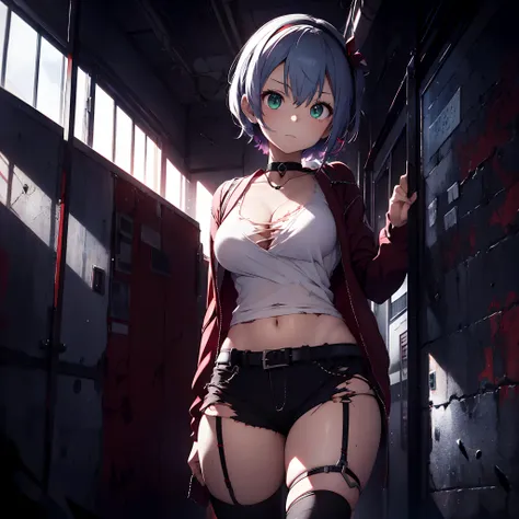 1 girl, solo, aberrant colours, Oozora_Subaru, beautiful girl, Hololive, alter_ego, large breasts, fit physique, mature woman, heterochromic eyes, red and green eyes, short let down hair, duck hair accessory, gorgeous silver hair, hair between eyes, short ...