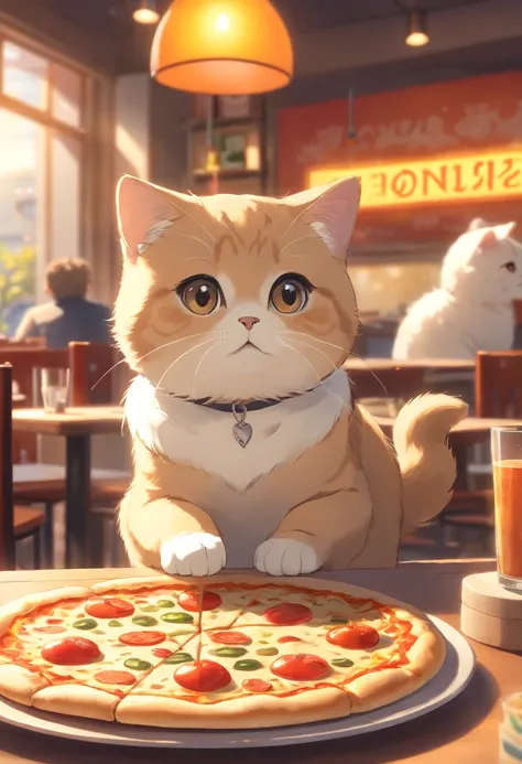 A Scottish Fold cat enjoying a slice of pizza in a sunny restaurant, with a cozy atmosphere, delicious aroma, and vibrant colors. (best quality,4k,8k,highres,masterpiece:1.2),ultra-detailed,(realistic,photorealistic,photo-realistic:1.37), HDR, UHD, studio ...