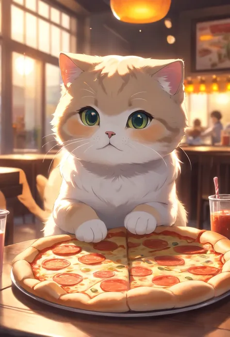 A Scottish Fold cat enjoying a slice of pizza in a sunny restaurant, with a cozy atmosphere, delicious aroma, and vibrant colors. (best quality,4k,8k,highres,masterpiece:1.2),ultra-detailed,(realistic,photorealistic,photo-realistic:1.37), HDR, UHD, studio ...