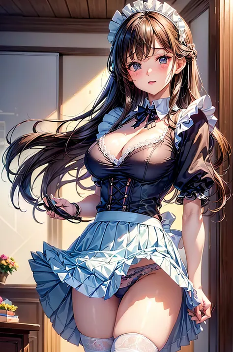 (1girl in), Long Wave Hair、dark brown hair, Amazing face and eyes,(natural make up)、(Brown eyes), medium large breasts、(High school uniform with wide open chest:1.1)、bared  chest, (amazingly beautiful girl), Styliška Chusha、Ruffle style costumes, (Maid Caf...