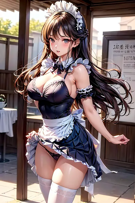 (1girl in), Long Wave Hair、dark brown hair, Amazing face and eyes,(natural make up)、(Brown eyes), medium large breasts、(High school uniform with wide open chest:1.1)、bared  chest, (amazingly beautiful girl), Styliška Chusha、Ruffle style costumes, (Maid Caf...