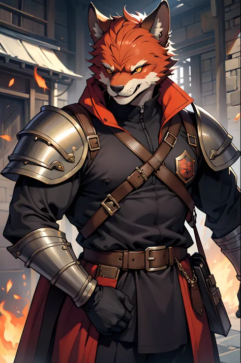 Protection Best Quality, tmasterpiece, extra high resolution, Detailed background, realisti, 独奏, ember, humanoid, heavy armor, The Face of the Beast, Furry, Security Guard Outfit, Guardians Attire, Guard, Medieval Guard, Medieval Guard Clothing , spearman,...