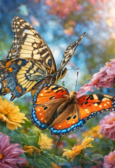 Imagine three magnificent and rare butterflies, each in different colors, hyperrealistic details, they are flying close to each other, in a beautiful and flowery garden, photorealistic, HDR