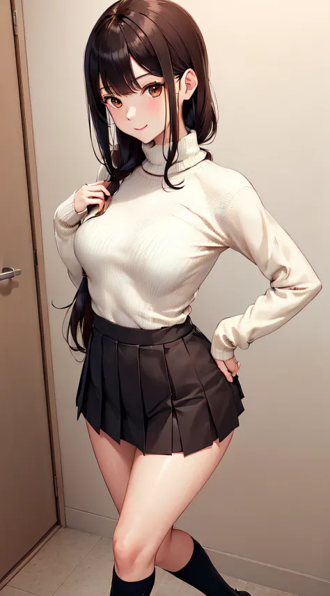 (((professional: step by step, final result god level))): "masterpiece, best quality, highres, solo 1girl, 24 years old, kr1, brown eyes, blunt bangs, kibito high school 50% uniform, sweater, pleated 10% miniskirt, socks, small breasts, leaning forward, ha...