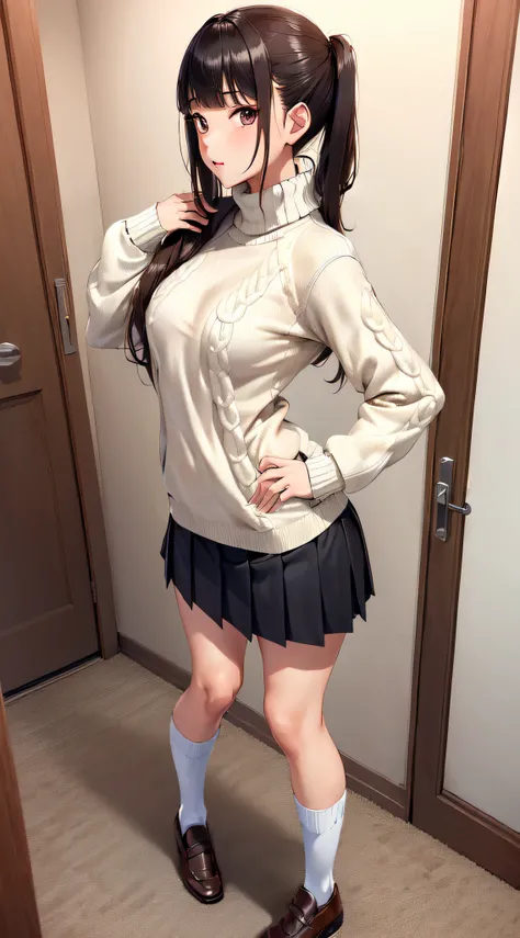 (((professional: step by step, final result god level))): "masterpiece, best quality, highres, solo 1girl, 24 years old, kr1, brown eyes, blunt bangs, kibito high school 50% uniform, sweater, pleated 10% miniskirt, socks, small breasts, leaning forward, ha...