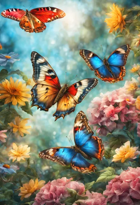 Imagine three magnificent and rare butterflies, each in different colors, hyperrealistic details, they are flying close to each other, in a beautiful and flowery garden, photorealistic, HDR