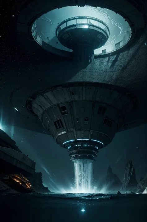 star gate , aliens , space ship wreckage , deep sea , under water , submerged city , sci-fi , mysterious , ominous ,