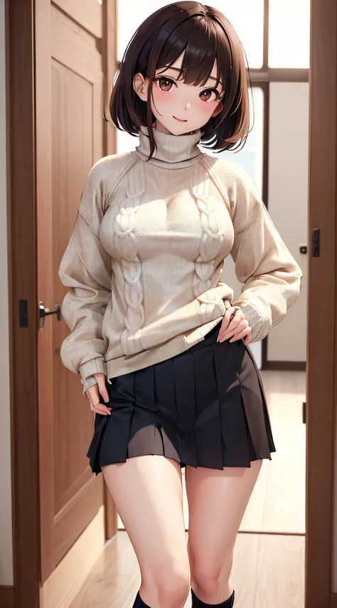 (((professional: step by step, final result god level))): "masterpiece, best quality, highres, solo 1girl, 24 years old, kr1, brown eyes, blunt bangs, kibito high school 50% uniform, sweater, pleated 10% miniskirt, socks, small breasts, leaning forward, ha...