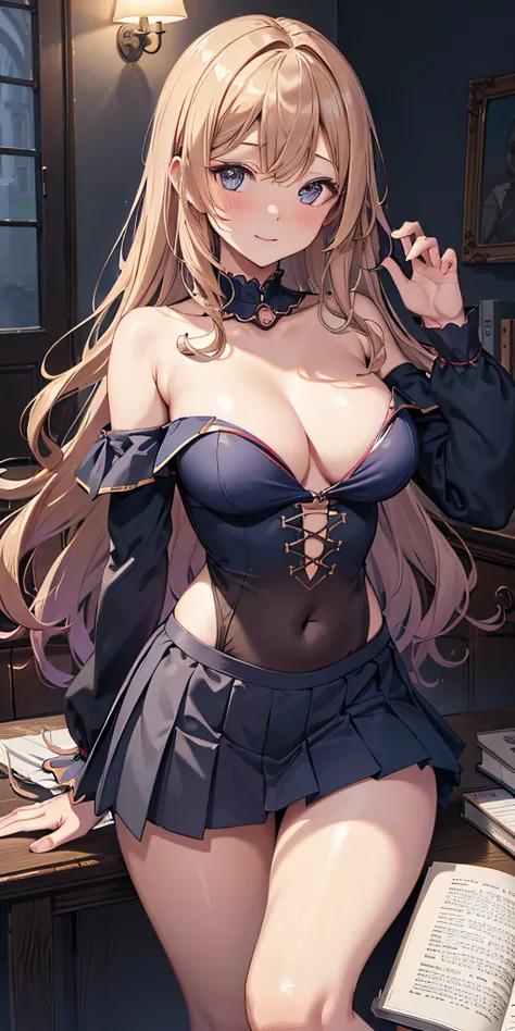 masutepiece, Best Quality,  the Extremely Detailed CG Unity 8K Wallpapers,  Sexy Witch Cosplay, Long dark blonde wavy hair、off-shoulder knit, (darkblue pleated skirt), Medium milk,  Puffy nipple、Blushing, Shy laughter, Bare shoulders、(Butt sticking out pos...