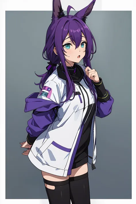 long hair, mole under mouth, purple hair, low ponytail, hair between eyes, aqua eyes, ahoge, parted lips, 1girl, open mouth, :o, cowboy shot, oversized jacket, black thighhighs, infection monitor (arknights),  1girl, amiya_(cosplay), donkey ears