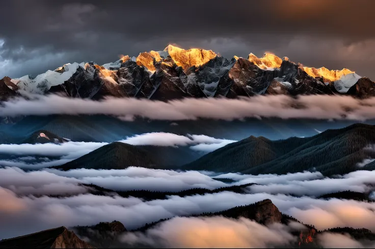 Mountains covered by clouds and low clouds，The background is sunset, breathtaking mountains, beautiful mountains behind, Breathtaking landscapes, beautiful mountains, beatiful mountain background, mountain sunrise, author：Liu Haisu, misty mountains, breath...