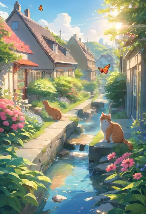 (highres,realistic) A Scottish Fold cat catching butterflies in a garden, with a flowing stream and houses in the distance. Detailed fur and expressive eyes. Lush greenery and colorful flowers surround the cat. The sunlight filters through the leaves, cast...