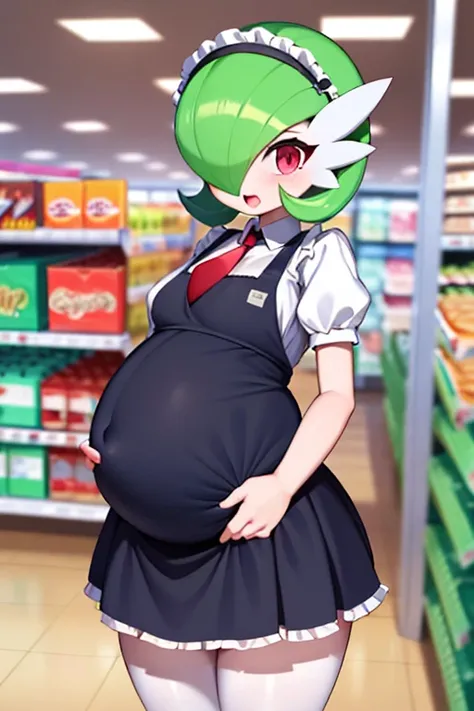 obra maestra, best_quality, 1girl, solo, gardevoir, pokemon (criatura), cabello verde, ojos rojos, vestido de sirvienta, supermarket, de perfil, en un supermarket, vista lateral, sosteniendo una caja, (((embarazada))), gardevoir embarazada, [junto a un car...