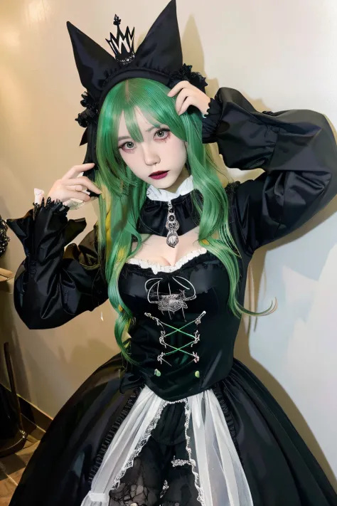 araffe girl with green hair and a crown on her head, dressed in gothclothing, dressed in gothic lolita clothing, anime girl cosplay, cybergoth, wearing a dark outfit, kerli koiv as anime girl, 1 7 - year - old anime goth girl, belle delphine, anime cosplay...