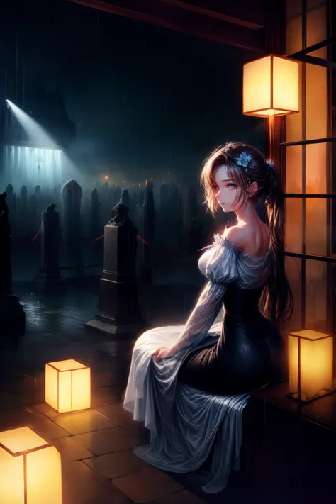 (Extremely detailed Cg Unity 8K wallpaper), Beautiful young woman in the rain, dress, Sitting, Cemetery with lanterns, Style-Empire, (Style-Glass), (((surrealism))), full_Body_Shot, Dramatic, The light from the back window is backlighted, Light rays, volum...