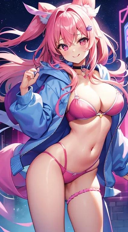 1 female、Pink hair、Medium Hair、fluffy and soft hair、Im wearing the hood of a hoodie.....、Pink eyes、The hoodie has a ribbon on the hood.、undergarment、cleavage of the breast、Very large breasts、Navel Ejection、Enchanted breasts、Enchanted thighs、bow ribbon、Tong...