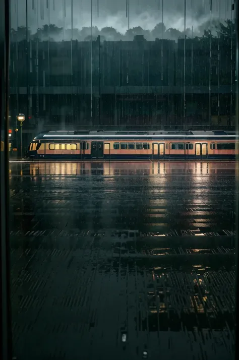 (best quality,4k,8k,highres,masterpiece:1.2),ultra-detailed,(realistic,photorealistic,photo-realistic:1.37),rainy day train ride,train,window view,raindrops,shimmering lights,vibrant colors,misty atmosphere,reflection,water on glass,cityscape,splashing pud...