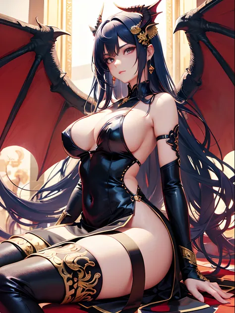 Beautiful woman of the dragon tribe、Golden hair with big wings。Half human woman and half dragon with a dragon-like tail、((Finest quality)),(超A high resolution),(ultra-detailliert),((Best Anime)),sharpnes,Clair,Art with astounding depictions,Glamorous atmos...