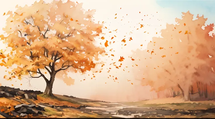 Left and right，Surrounded by falling orange maple trees，WaterColor style